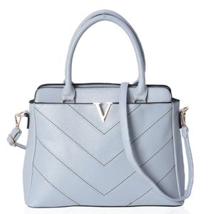 Blue Faux Leather V-Shape Design Tote Bag